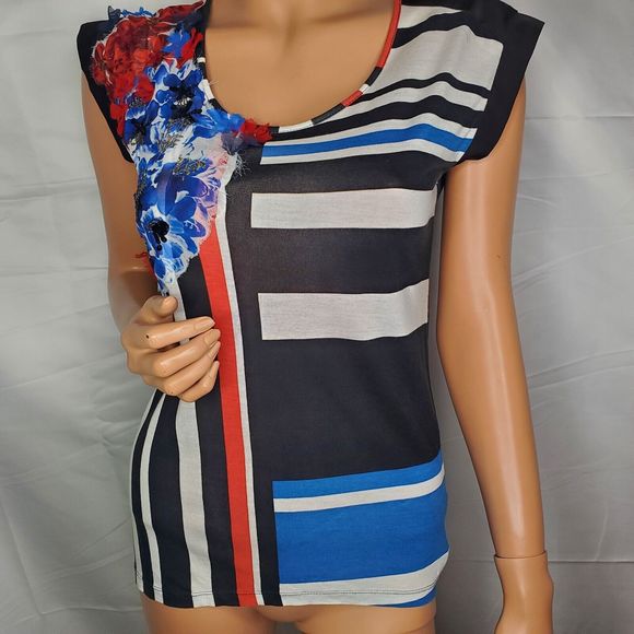 Desigual by Christian Lacroix Women's SS Blouse Stripes 3D Floral Applique Small - Picture 2 of 13